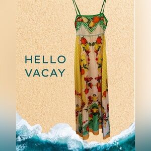 EUC Vibrant Citrus Fruit Print Midi Sundress - Spaghetti Straps, Pockets. Size L
